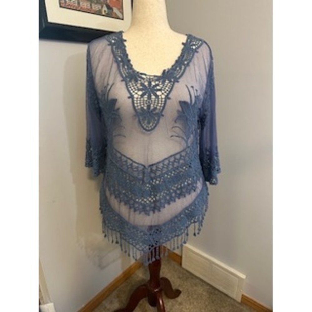 Forgotten Grace Lace Top Women Med Cream Floral Paisley Sheer Boho Mesh